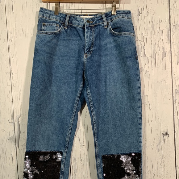 Zara Blue Medium Wash Sequins Bottom Straight Cropped Jeans Sz 8 EUC - Picture 2 of 14